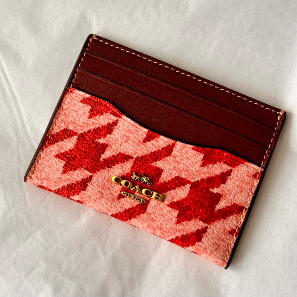 NWT Coach Slim ID Card Case with Houndstooth Print Brass/Pink/Red